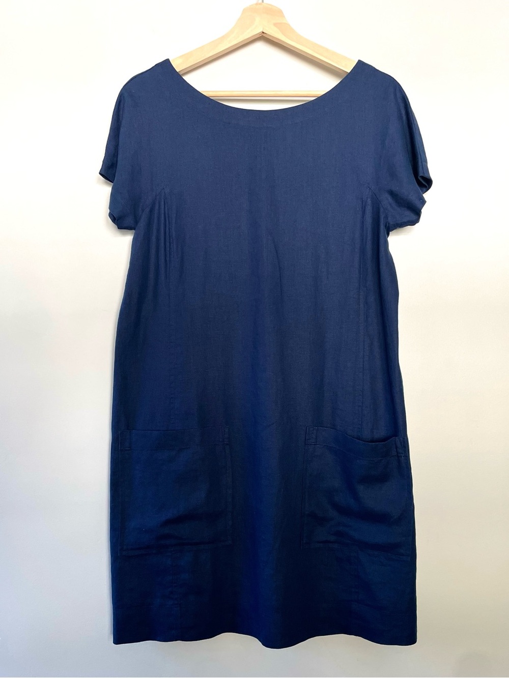 Eileen Fisher 100% Linen Organic Navy Short-Sleeve Shift Tunic Dress Pockets XS